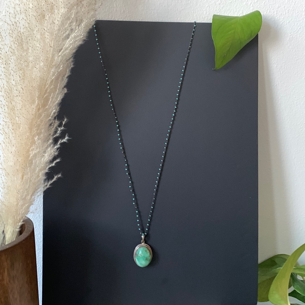 Real Jade Bezel-set Sterling Silver Pendant with Turquoise Beaded Cord Necklace